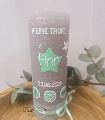 Taufkerze Rustik- Sterne grau-mint